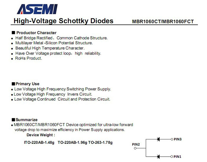 ASEMI品牌MBR1060CT参数