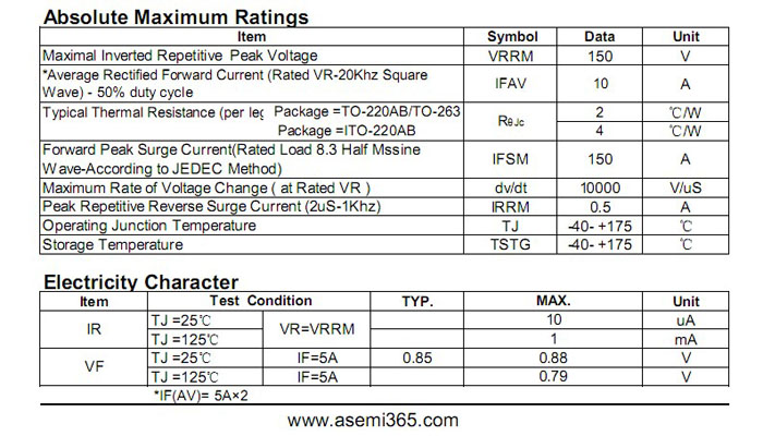 ASEMI品牌MBR10150CT参数