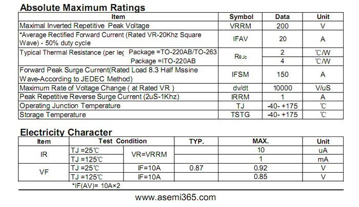 ASEMI品牌MBR20200CT参数