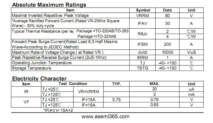 ASEMI品牌MBR3060CT參數