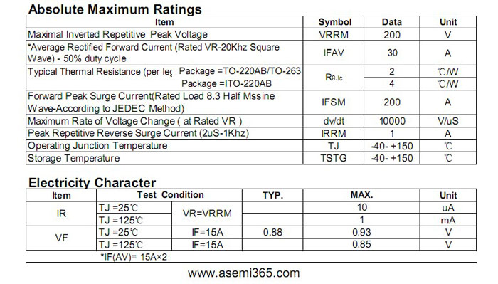 ASEMI品牌MBR30200CT參數