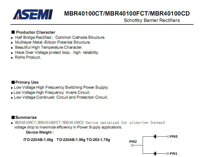 ASEMI品牌MBR40100CT