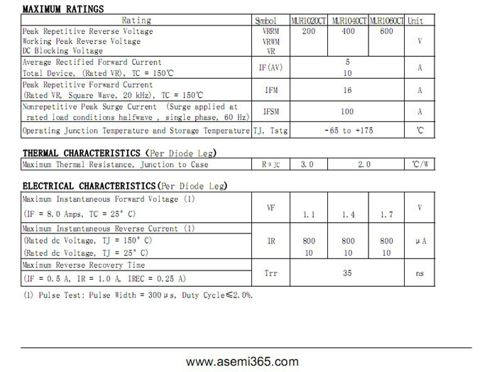 ASEMI品牌MUR1020CT参数