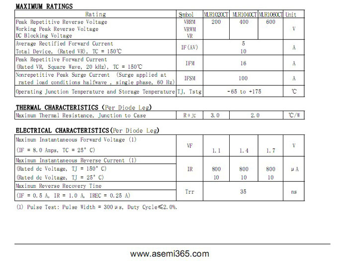 ASEMI品牌MUR1020CT参数