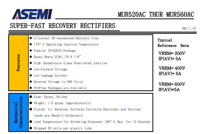 MURF560AC超快恢复二极管参数规格书下载