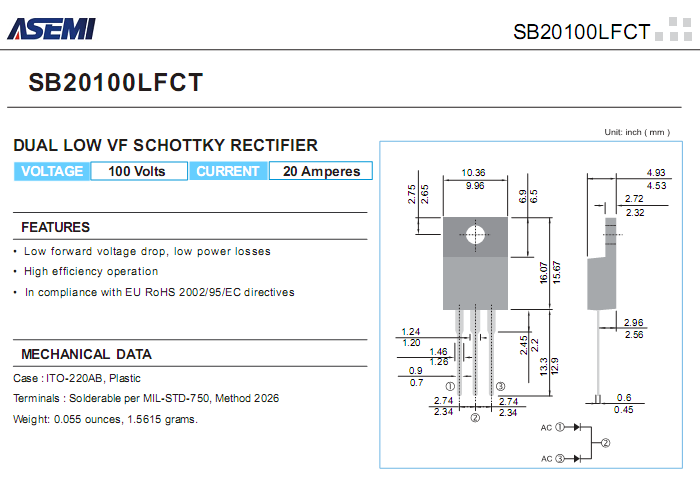 SB20100LFCT 低压降肖特基参数书