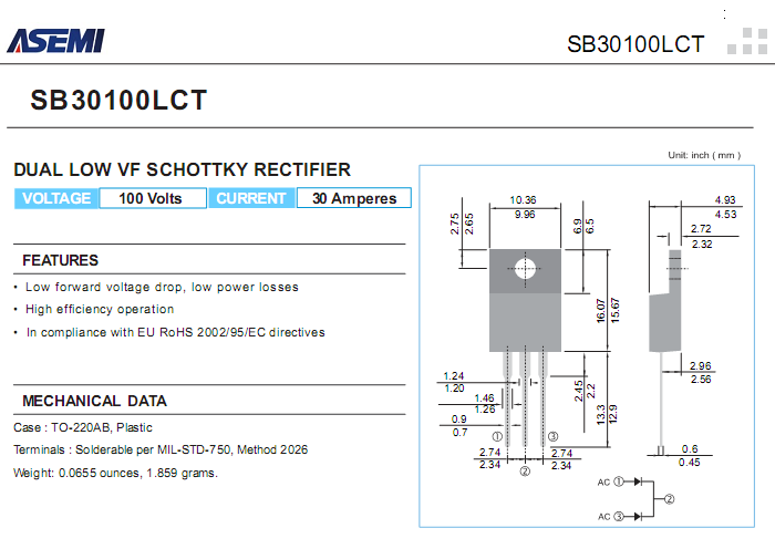 SB30100LCT 低压降肖特基参数书