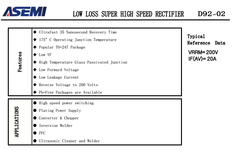 D92-02 ASEMI低压降快恢复二极管 PDF规格书资料
