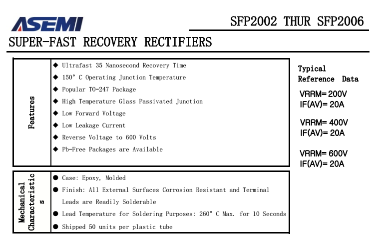 SFP2002/SFP2004/SFP2006  ASEMI超快恢复二极管PDF规格书下载