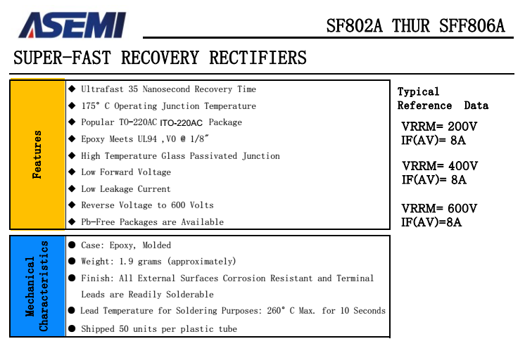 SF802A/804A/806A,SFF802A/804A/806A  ASEMI超快恢复二极管PDF规格书