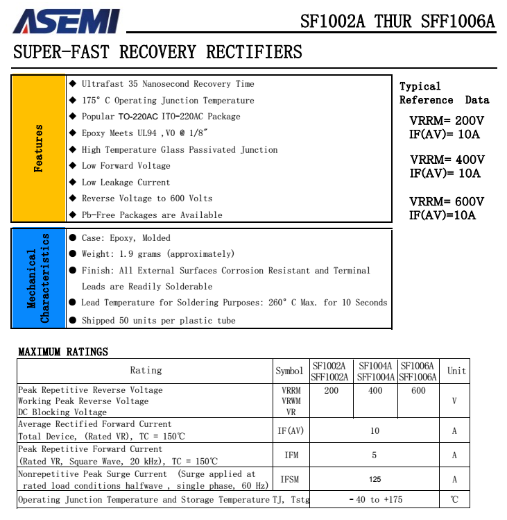 SF1002A/1004A/1006A,SFF1002A/1004A/1006A  ASEMI快恢复二极管 PDF规格书资料