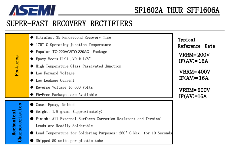 SF1602A/1604A/1606A,SFF1602A/1604A/1606A  ASEMI超快恢复二极管 PDF规格书资料