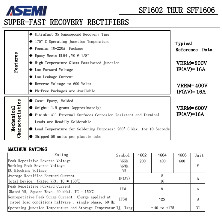 SF1602/1604/1606,SFF1602/1604/1606 ASEMI快恢复二极管规格书 资料